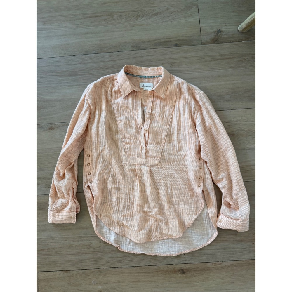 Anthropologie J. Brand Peach Striped Cotton Gauze Tunic Blouse Pom Pom Trim M